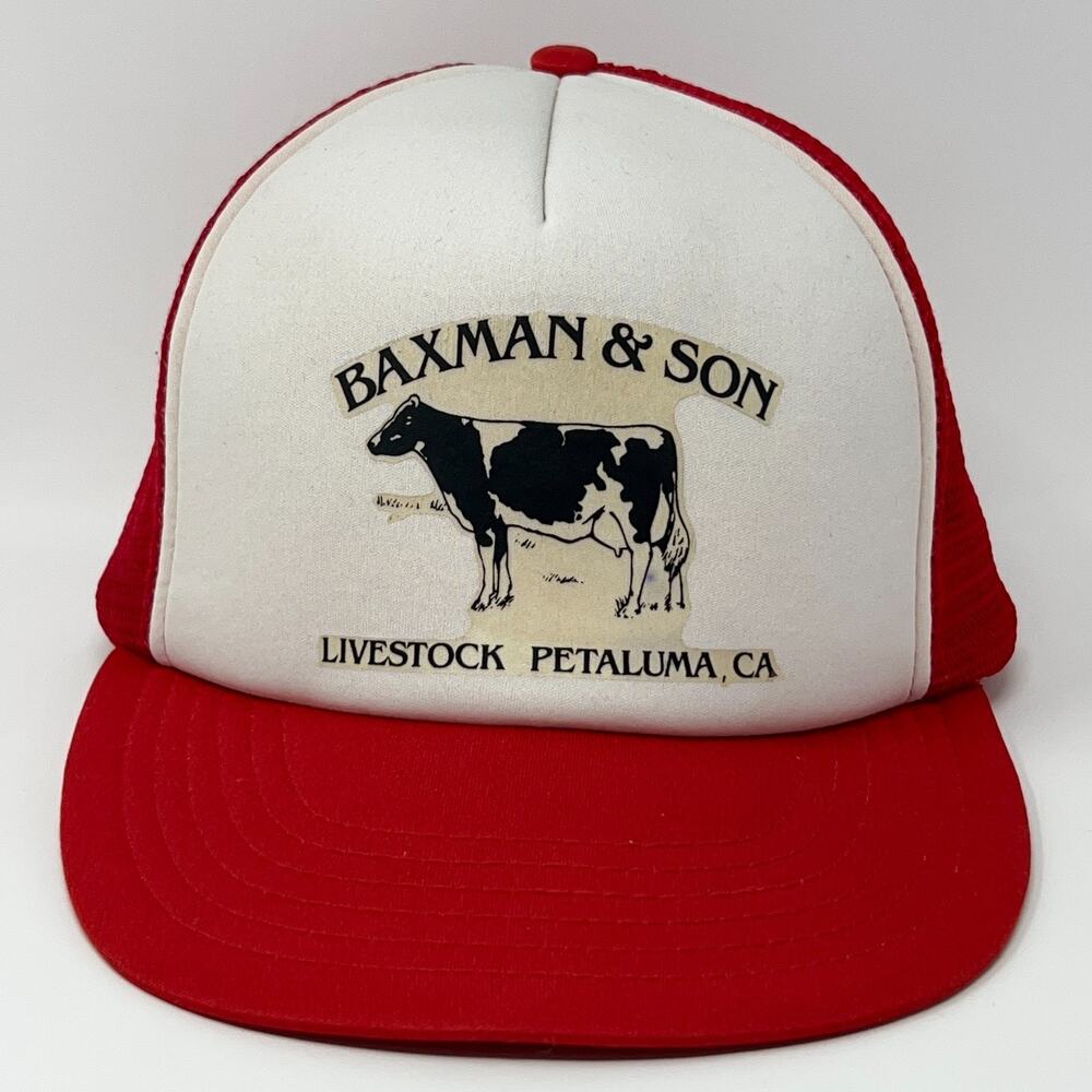 Vintage 80s Baxman & Son Livestock Hat Baseball Cap Petaluma Farmer Snapback Red